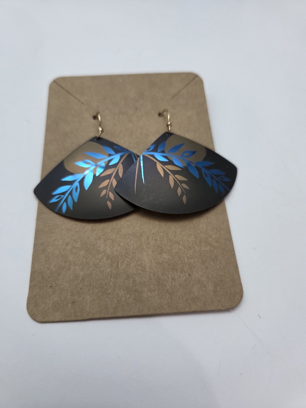 Brown Teardrop Earrings with Blue Leaf Detail
